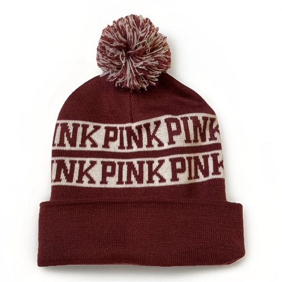 PINK Victoria's Secret Burgundy Knit beanie with Pom Pom - Picture 1 of 4